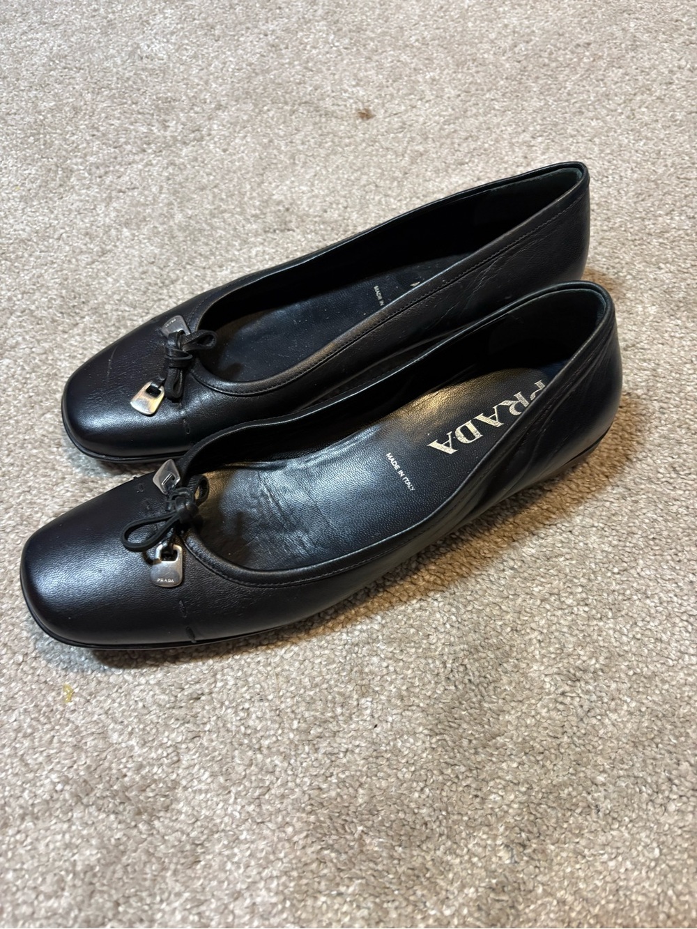 Prada Black Leather Bow-Accent Ballet Flats